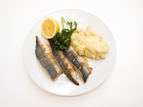 Fried mackerel fish filet with mashed potatoes, half a lemon and parsley, on white plate towards white