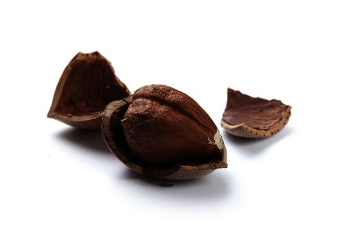 Hazelnut core and nutshell on the white background