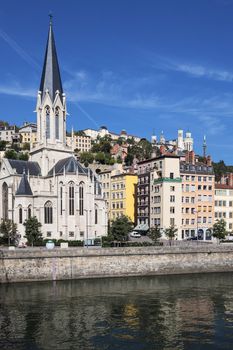 Vertical view of Lyon and Saone River in summer