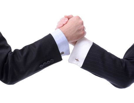 two businessmen arm wrestling isolated on white