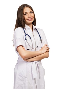 woman doctor, crossed her arms and smiles, isolated on white background