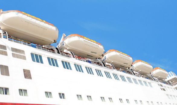 life boats lined up on cruise ship for safety