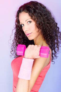 Pretty curls hair girl holding weight for exercise