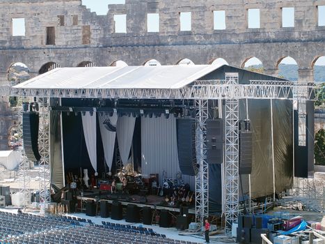 PULA, CROATIA - AUGUST 2nd: Leonard Cohen's stage is ready for the evening performance in Arena amphitheater in Pula on August 2nd, 2013