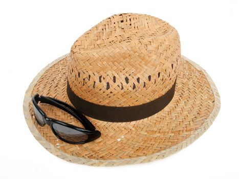 woven hat and sun glasses on white background