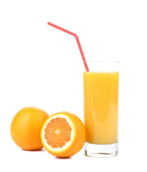 Orange juice and slices. Close up. White background.