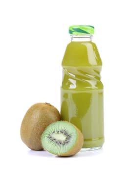 Natural kiwi and bottle of juice. White background.