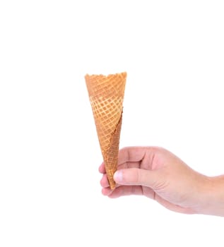 Hand hold wafer cup for ice-cream. White background.