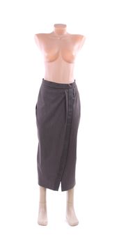 Black skirt on mannequin. Topless. White background.