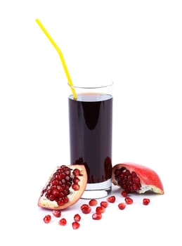 Juice and slice pomegranate on white background.