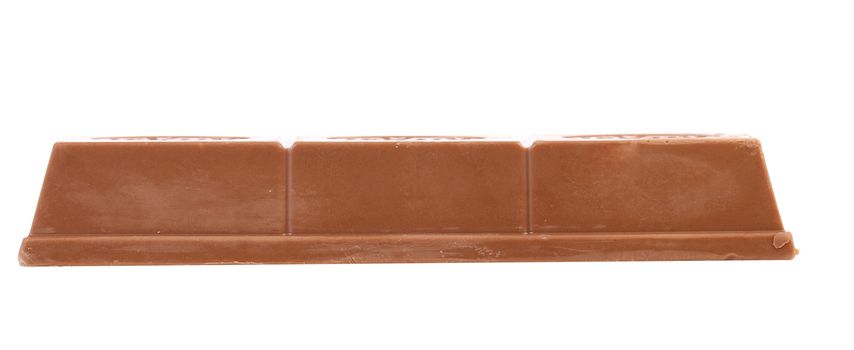 Wafer bar of chocolate. Close up. White background.