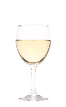 Glass of white wine. Close up. White background.