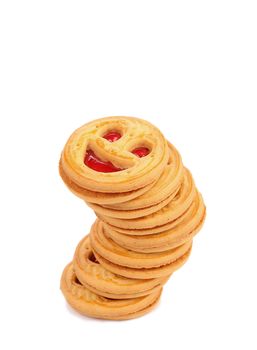 Stack of smile biscuits. Close up. White background.
