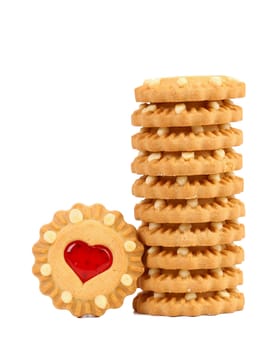 Stack of heart biscuits. close up. White background.