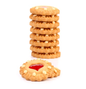 Stack of heart biscuits. Close up. White background.