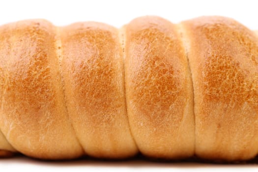 Baked hot dog. Close up. White background.