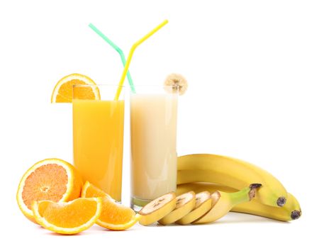 Orange and banana juice. Close up. White background,