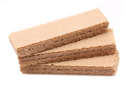 Three chocolate wafer. Close up. White background.