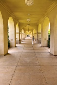 Balboa Park perspective of a long hallway San Diego California.