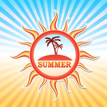 label with text summer and drawn palms in sun in yellow red gradient and blue orange rays