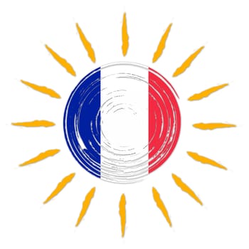 French flag in drawn sun with yellow rays isolated