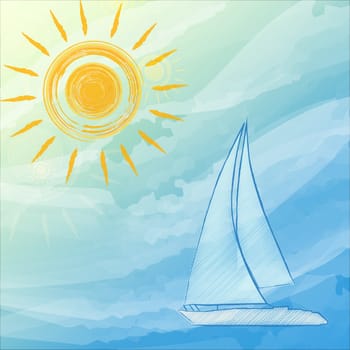 abstract summer background with drawn yellow suns and blue boat