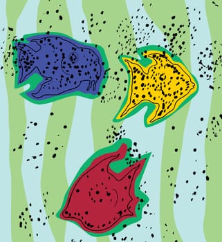 Three fish underwater in abstract ink spots