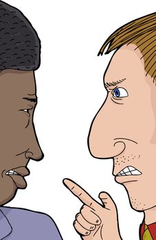 Pair of African and Caucasian men angry with each other