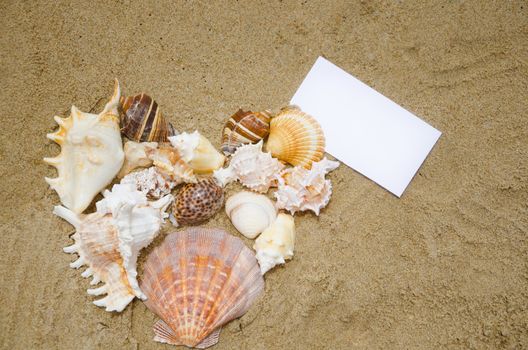 Heart shape of seashells and paper card on sandy beach