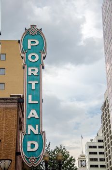 View of the iconic Portland sign in downtown Portland, Oregon