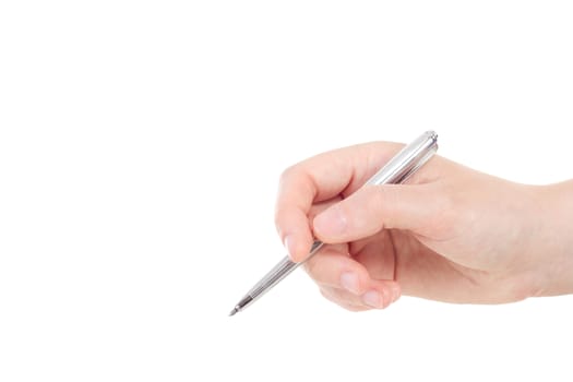 Caucasian hand with silver coloured pen
