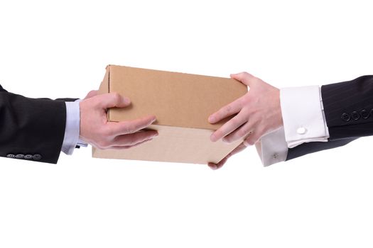 two men in suits giving and receving a box isolated on white background