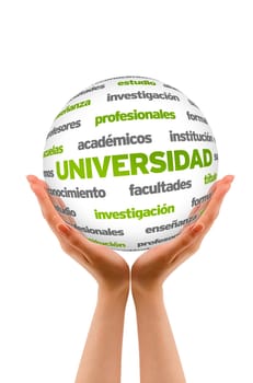 Hands holding a 3D University Sphere in white background.