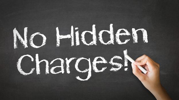 A person drawing and pointing at a No Hidden Charges Chalk Illustration