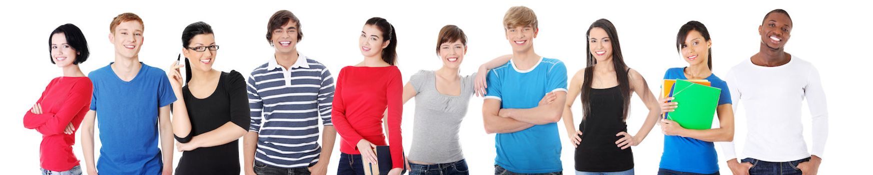 Large group of smiling friends staying together. Isolated on white background