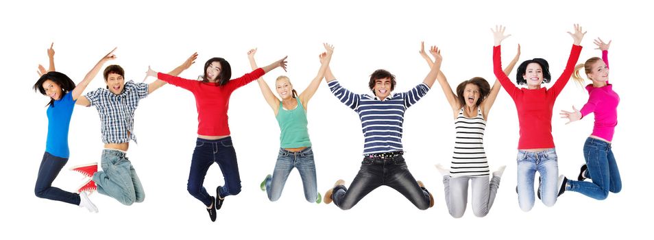 Group of happy young people jumping - isolated over a white background