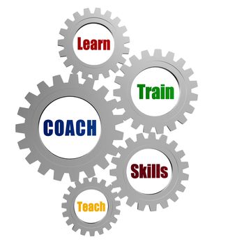 coach, learn, train, skill, teach - business concept words in 3d silver grey gearwheels