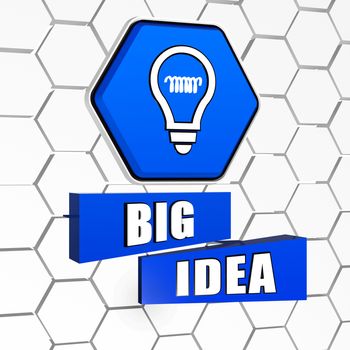 text big idea and light bulb sign in 3d blue hexagon and blocks in cellular structure, business concept