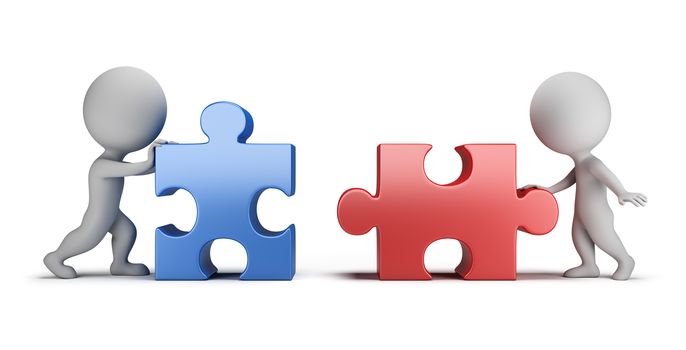 3d small people - male and female connecting puzzles. 3d image. White background.