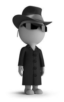 3d small person - spy wearing a hat, sunglasses and a raincoat. 3d image. White background.