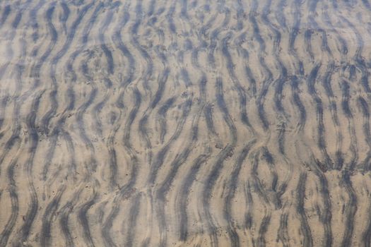 Pattern of rippled sand in shallow water close to shore.