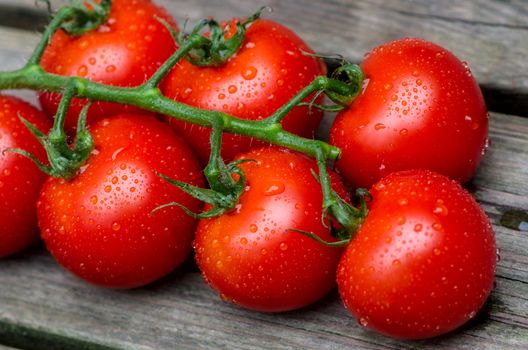 Fresh red tomatoes on a background of old boards