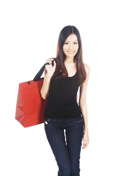 Happy Asian Woman Holding Shopping Bag With Hand