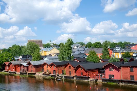 Porvoo, Finland. Old wooden red houses on the riverside