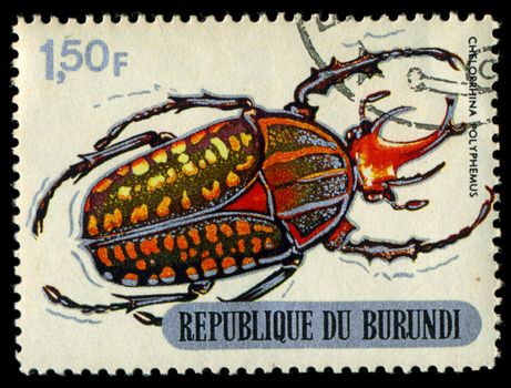 REPUBLIC OF BURUNDI - CIRCA 1970:printed in Republic of Burundi shows  shows beetle, circa 1970.