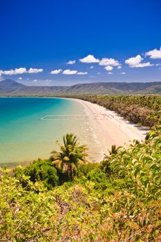 View along the coastline of a pristine Australian beach with golden sand and a blue ocean fringed with lush tropical vegetation