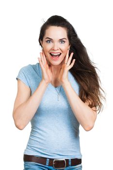 A beautiful happy surprised woman, Isolated on white.