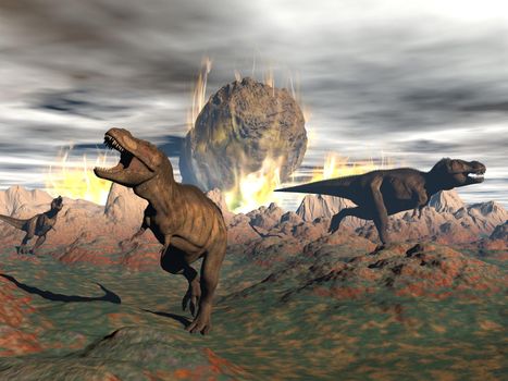 Tyrannosaurus dinosaurs escaping or dying because of heat and fire due to a big meteorite crash