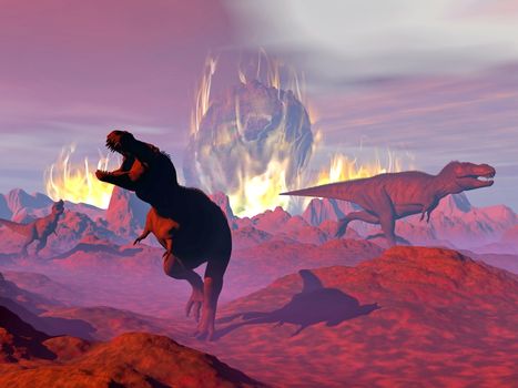 Tyrannosaurus dinosaurs escaping or dying because of heat and fire due to a big meteorite crash