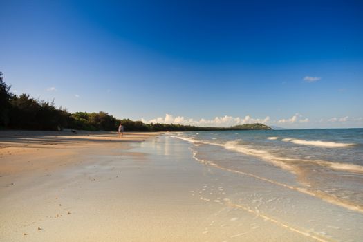 Miles of beautiful golden tropical beach with a gentle surf lapping at the shore under a hot summer sun